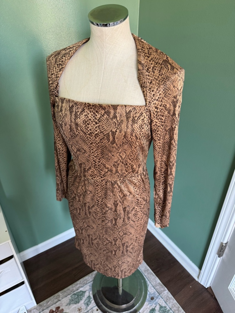 Vintage Snake-Print Square Neck Bodycon Dress in Brown